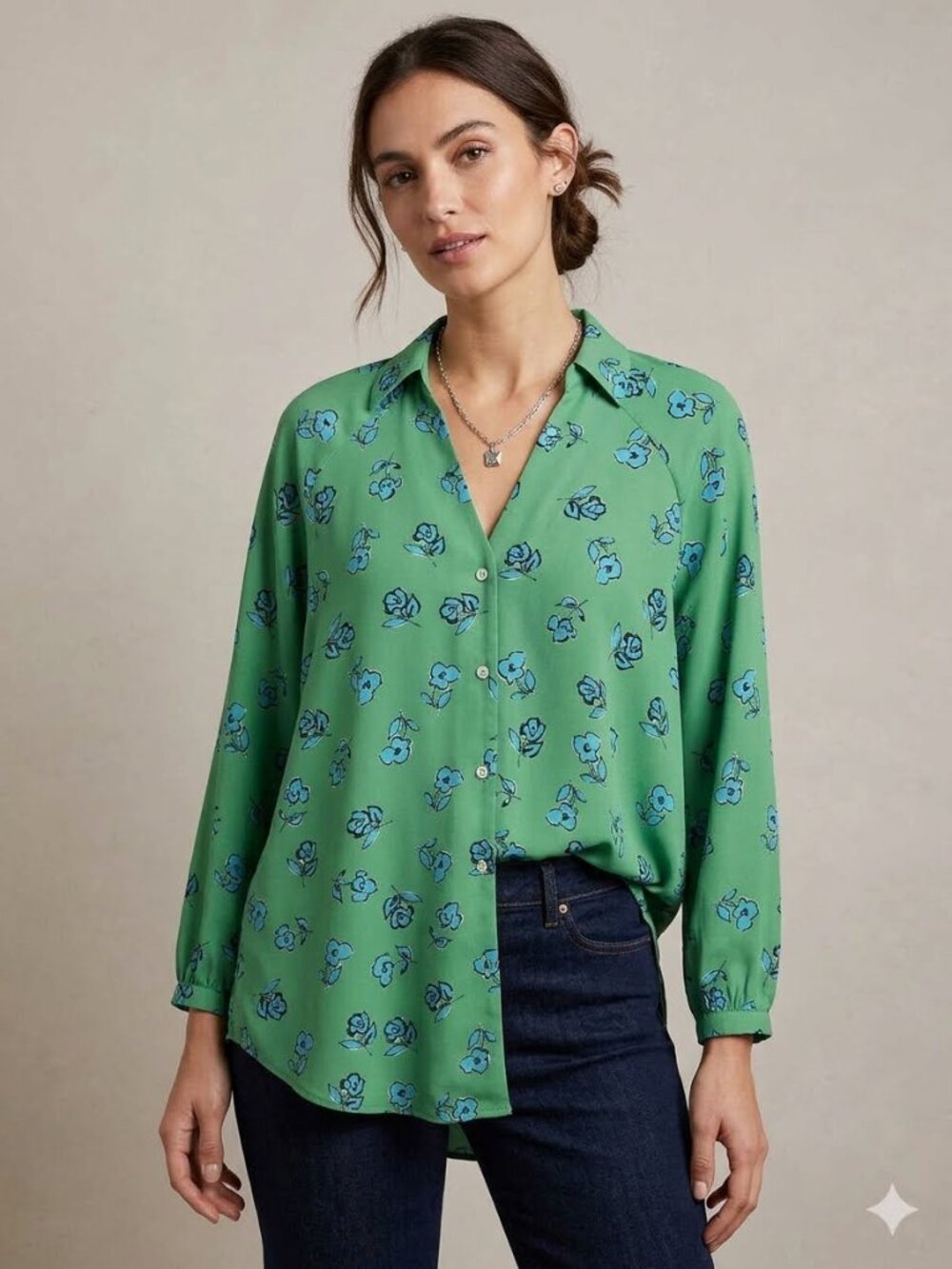 CAbi green button down blue floral top, size M